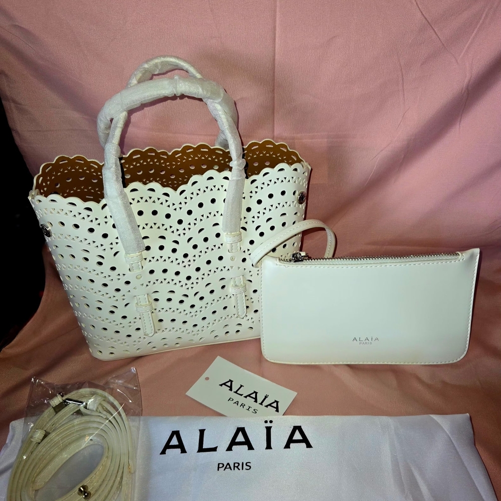 Alaia White Laser-Cut Leather Tote with Matching Wristlet